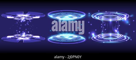 Collezione sci-fi high-tech in incandescente HUD. Porta di ordito magico in fantasia di gioco. Podio del teleport Circle. Utenti di realtà virtuale Rays, GUI, UI. Illustrazione Vettoriale
