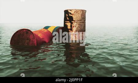 Vecchie botti di olio arrugginite in mare Foto Stock