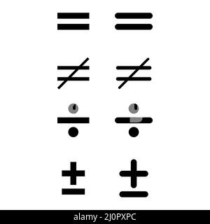 Set di dividi e simbolo di matematica uguale, icona di matematica di istruzione, disegno di illustrazione vettoriale di elemento di fotoricettore, segno di finanza . Illustrazione Vettoriale