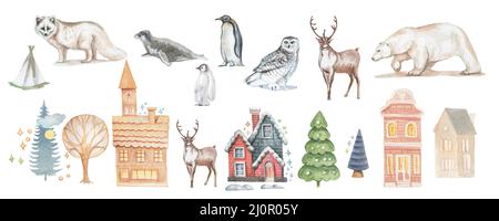 I cervi del Natale del nord del nuovo anno case acquerello illustrazione disegnata a mano. Stampa tessuto vintage realismo OWL Scribe orso polare Foto Stock
