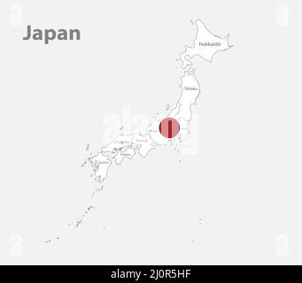 Mappa del Giappone nei colori della bandiera con regioni e nomi correnti vettore Illustrazione Vettoriale