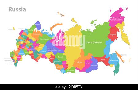 Mappa della Russia, singole regioni con nomi, divisione amministrativa, mappa colorata isolata su sfondo bianco vettore Illustrazione Vettoriale