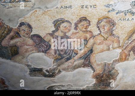 Pannello a mosaico nella Reception Hall della casa di Aion, Sito Archeologico di Kato Pafos, Paphos (Paphos), Pafos District, la Repubblica di Cipro Foto Stock