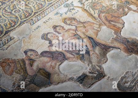 Pannello a mosaico nella Reception Hall della casa di Aion, Sito Archeologico di Kato Pafos, Paphos (Paphos), Pafos District, la Repubblica di Cipro Foto Stock