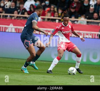 Monaco, Principato di Monaco. 20th Mar 2022. Gelson Martins di AS Monaco durante il campionato francese Ligue 1 partita di calcio tra AS Monaco e Parigi Saint-Germain il 20 marzo 2022 allo stadio Louis II di Monaco credito: Independent Photo Agency/Alamy Live News Foto Stock