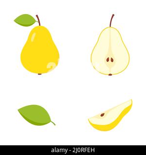 Set di metà, fetta e intero di pera gialla succosa. Carino raccolta di pere fresche a fette. Illustrazione Vettoriale