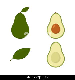 Set di metà e intero di avocado verde. Carino collezione di avocado fresco. Illustrazione Vettoriale
