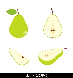 Set di pera verde carino. Affettare, intero e mezzo gruppo di frutta. Piatto raccolta di pere fresche a fette. Illustrazione Vettoriale