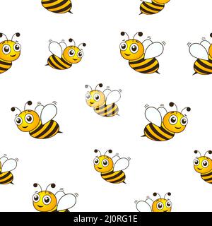 Flying Happy Bees modello senza cuciture. Api nere e gialle isolate su sfondo bianco. Illustrazione Vettoriale