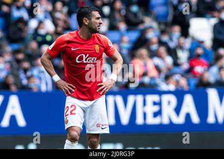 20th marzo 2022; stadio RCDE, Barcellona, Spagna: La Liga Football, Espanyol contro Mallorca; 22 Angelo di Maiorca in azione Foto Stock