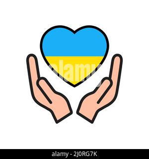 Pregate per la pace in Ucraina. Fermare la guerra. Bandiera dell'Ucraina in forma di cuore nelle armi umane. Illustrazione Vettoriale