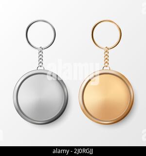 Portachiavi circolare realistico Vector 3D, anello d'argento e d'oro e catena per chiave isolata su bianco. Badge pulsante con anello. Badge ID in plastica e metallo con Illustrazione Vettoriale