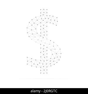 Simbolo del dollaro con punti di connessione polyblack bassi. Simbolo del dollaro con forme lineari triangolari grigie. Segnale linea USD. Illustrazione Vettoriale