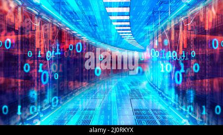 Flusso di dati attraverso il cyberspazio, concetto di cloud computing. Foto Stock