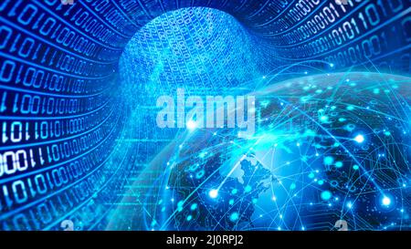 Flusso di dati a livello globale attraverso il tunnel del cyberspazio, digitalizzando il concetto mondiale Foto Stock