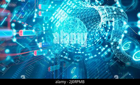 Il flusso dei dati a livello globale attraverso il tunnel del cyberspazio con nodi di programmazione Foto Stock