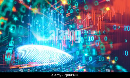 Dati crittografati con impronte digitali nel cyberspazio, concetto di cybersicurezza Foto Stock