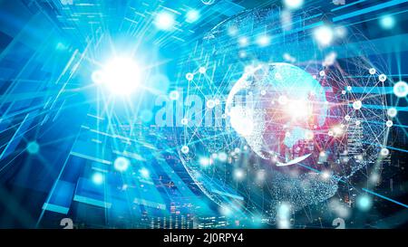 Globo con dati che si collegano insieme, fluendo attraverso il tunnel, concetto di cyberspazio Foto Stock