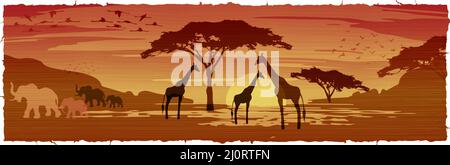 Savana paesaggio africano al tramonto, silhouette di animali e piante, natura dell'Africa. Riserve e parchi nazionali, vettore batik background Illustrazione Vettoriale