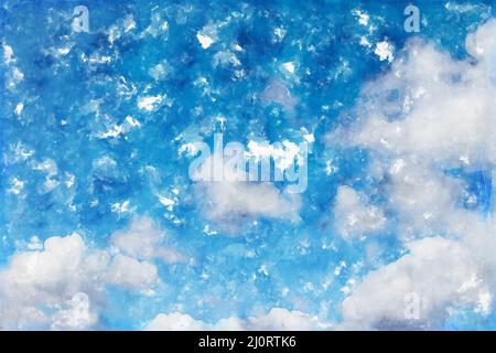 Acquerello pittura illustrazione di blu cielo sfondi con nuvole e sole Foto Stock