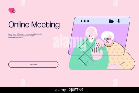 Modello di pagina Web di destinazione degli anziani che chattano durante la videochiamata Illustrazione Vettoriale