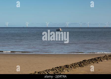 COLWYN BAY, WALES, UK - OCTOBER 7 : Wind turbines off shore at Colwyn Bay Wales on October 7, 2012 Stock Photo