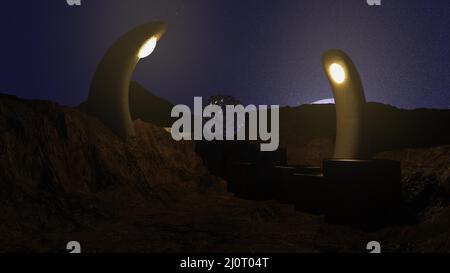 3D-illustrazione di un pianeta alieno con uno strano cristallo portale Foto Stock