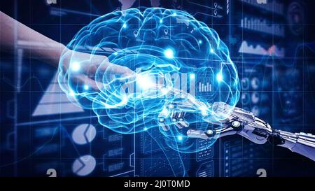 3D illustrazione per la cooperazione tra l'uomo e i robot all'interno del cervello della macchina, concetto di intelligenza artificiale Foto Stock