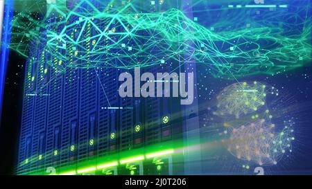 Flusso di dati dai server attraverso il blocco del cyberspazio, la trasformazione dei dati, il concetto di intelligenza artificiale Foto Stock