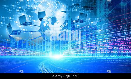 I computer si connettono al mondo con i dati che scorrono attraverso il suo percorso verso il cyberspazio, la comunicazione, il concetto di trasformazione dei big data Foto Stock