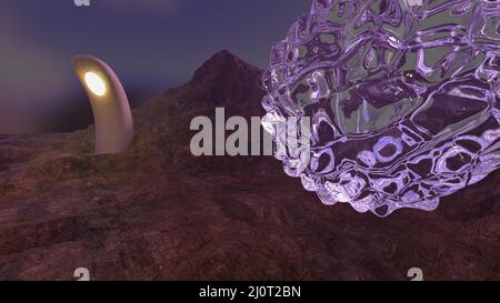 3D-illustrazione di un pianeta alieno con uno strano cristallo portale Foto Stock