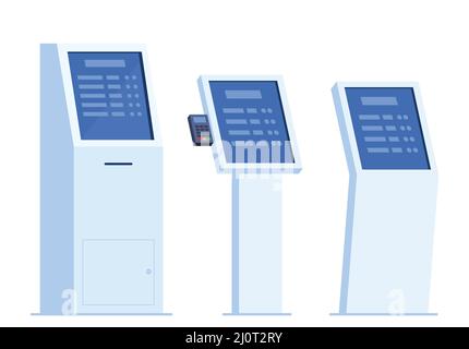 Terminale elettronico di informazioni e pagamento self-service con touch screen, set di elementi. Illustrazione vettoriale in stile piatto Illustrazione Vettoriale