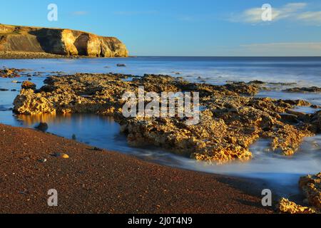 Luce del mattino a Blast Beach con rocce calcaree di magnesio nel primo piano, Seaham, County Durham, Inghilterra, Regno Unito. Foto Stock