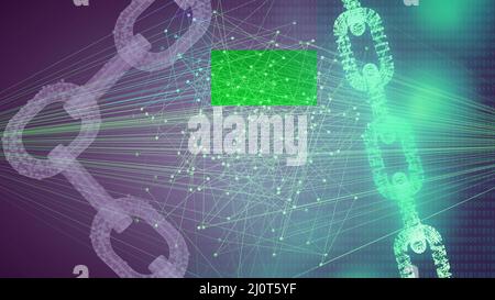 Blockchain e dati connessi sul cyberspazio con un punto verde di dati, comunicazione, concetto di trasformazione dei big data Foto Stock