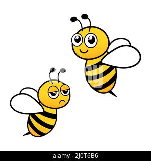 Carino set di api gialle. Personaggi delle api felici e tristi. Vettore isolato su bianco. Illustrazione Vettoriale