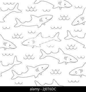 Squali linea modello. Modello senza cuciture con squali da nuoto. Illustrazione vettoriale. Illustrazione Vettoriale