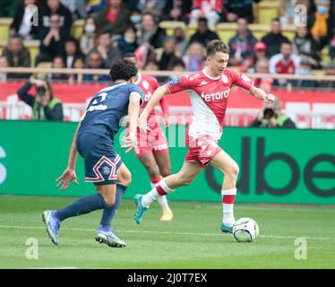 Aleksandr Golovin di AS Monaco durante il campionato francese Ligue 1 partita di calcio tra AS Monaco e Parigi Saint-Germain il 20 marzo 2022 allo stadio Louis II di Monaco Foto Stock