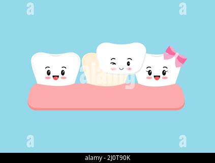 Carino dente e dente bianco con impiallacciatura. Illustrazione Vettoriale