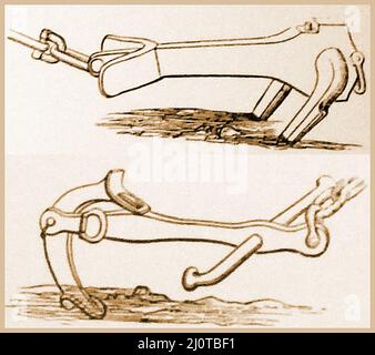 Un'incisione del 19th secolo che mostra due tipi di ancoraggio marittimo in uso comune. Martin's Anchor (TOP) e Trotman's Anchor - Martin's Anchor vinse a Londra una medaglia del Premio Internazionale della Fiera nel 1862 - l'ancora di Trotman (brevettata nel 1852 da John Trotman) fu considerata l'ancora di maggior successo perché introdusse un perno al centro della corona Foto Stock