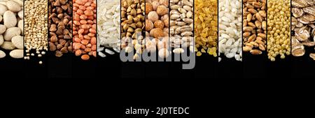 Collage di cibo sano. Cereali, cereali, semole, legumi e fagioli diversi Foto Stock