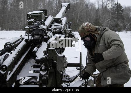 Charlie Battery, 120th Field Artillery Regiment, 32nd Infantry Brigade Combat Team, Wisconsin National Guard, ha risposto a un evento di risposta chimica simulata a Camp Grayling, Michigan, 25 gennaio 2022. L'evento ha avuto luogo durante il Northern Strike 22-1 ("Winter Strike"), un'esercitazione sponsorizzata dal National Guard Bureau, tenutasi il 21-30 gennaio con partecipanti di diversi stati degli Stati Uniti e forze partner presso il centro di addestramento di manovra congiunta di Camp Grayling e il centro di addestramento di preparazione al combattimento di Alpena, Michigan, Che insieme compongono il National All-Domain Warwarghing Center (NADWC) (U.S.A. Guardia Nazionale dell'esercito foto da Foto Stock