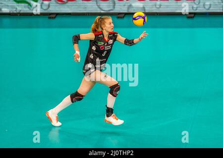 Wiesbaden, Germania. 20th Mar 2022. Monique Strubbe (8 Dresda) serve la palla durante la partita finale del Pokal DVV femminile 2021/2022 tra Allianz MTV Stuttgart e Dresdner SC allo Sporthalle am Platz der Deutschen Einheit di Wiesbaden, Germania. Norina Toenges/Sports Press Photo Credit: SPP Sport Press Photo. /Alamy Live News Foto Stock