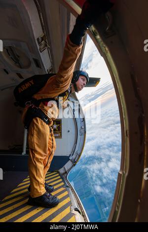 SGT. 1st Classe Houston Creech del team US Army Parachute guarda fuori dal C-147A prima del suo salto in Homestead, Florida il 26 gennaio 2022. L'USAPT sta conducendo il ciclo annuale di certificazione per la prossima stagione dello spettacolo. (STATI UNITI Esercito foto di Megan Hackett) Foto Stock