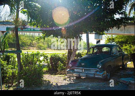 Auto d'epoca cubana nel vialetto di El Congo, un ristorante sulla strada, vicino alla superstrada fuori l'Avana, Cuba. Foto Stock