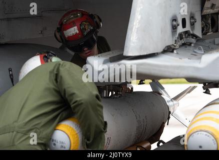 I Marines degli Stati Uniti assegnati al Marine Fighter Attack Squadron 112 caricano l'ordnance su un F-18C Hornet sulla base dell'aeronautica di Andersen, Guam, 28 gennaio 2022. Il Marine Aviation Logistics Squadron 12 e MFAS 112 hanno eseguito il carico di ordnance per mantenere gli standard di competenza e per la coesione di unità per le prossime esercitazioni. (Senior Airman Michael S. Murphy) Foto Stock