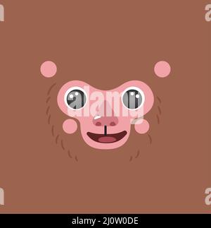 Simpatico scimmia ritratto quadrato sorriso testa cartone animato forma rotonda Macaca animale faccia, isolato vettore icona illustrazione. Semplice piatto disegnato a mano per bambini poster mascotte UI app, carte, t-shirt, vestiti per bambini Illustrazione Vettoriale