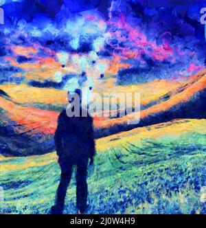 Pittura surreale. L'uomo in tuta è in piedi sul campo. Le lampadine intorno alla testa rappresentano delle idee. 3D rendering Foto Stock