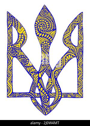 Stemma ucraino con molti elementi decorativi, colore giallo azzurro brillante sfumato, isolato su sfondo bianco. Design decorativo creativo di Illustrazione Vettoriale