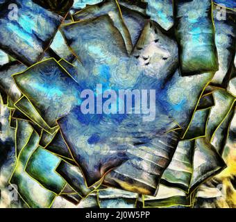 Pittura astratta. L'uomo cammina su una scalinata verso il cielo. Figure geometriche astratte. 3D rendering Foto Stock