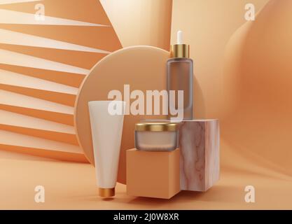 vasetti crema mockup su sfondo crema . Immagine mockup 3D Foto Stock